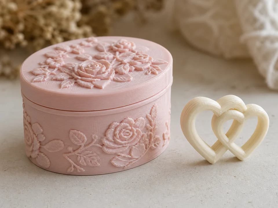 3D-printed floral keepsake box and heart ornament